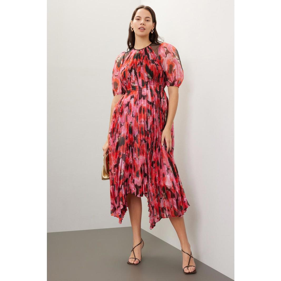 Bibhu Mohapatra X Rtr Red Pleated Floral Dress Size 2 With Hole